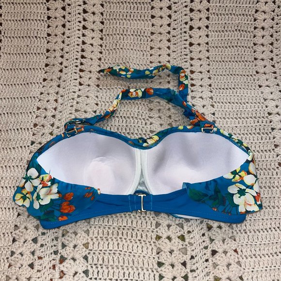 Lands End Blue Molded Cup Halter Bikini Top w/Tropical Floral Ruffle Size 14 D - Picture 5 of 8
